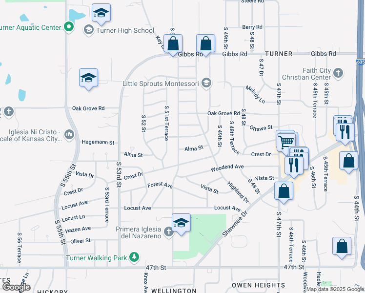 map of restaurants, bars, coffee shops, grocery stores, and more near 5030 Alma Street in Kansas City
