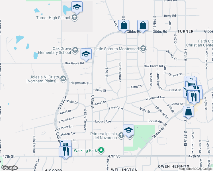 map of restaurants, bars, coffee shops, grocery stores, and more near 5141 Hagemann Street in Kansas City