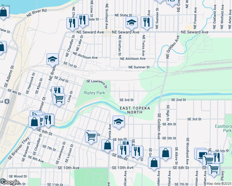 map of restaurants, bars, coffee shops, grocery stores, and more near 2000 Southeast 2nd Street in Topeka