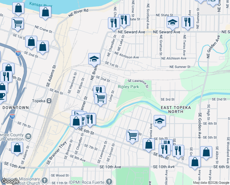 map of restaurants, bars, coffee shops, grocery stores, and more near 237 SE Lawrence St in Topeka