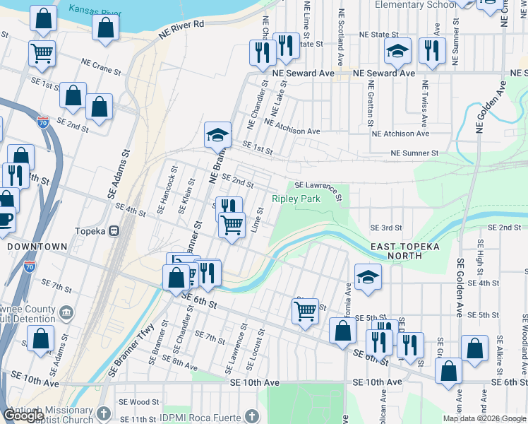 map of restaurants, bars, coffee shops, grocery stores, and more near 237 SE Lawrence St in Topeka