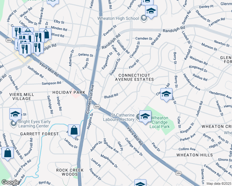 map of restaurants, bars, coffee shops, grocery stores, and more near 11926 Bluhill Road in Silver Spring