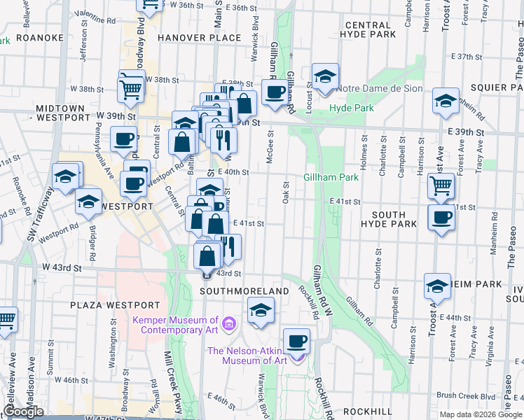 map of restaurants, bars, coffee shops, grocery stores, and more near 4041 McGee Street in Kansas City