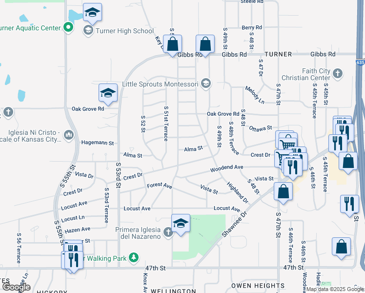 map of restaurants, bars, coffee shops, grocery stores, and more near 5030 Alma Street in Kansas City