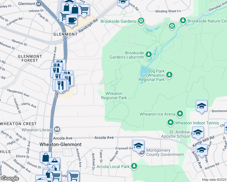 map of restaurants, bars, coffee shops, grocery stores, and more near 2000 Shorefield Road in Silver Spring