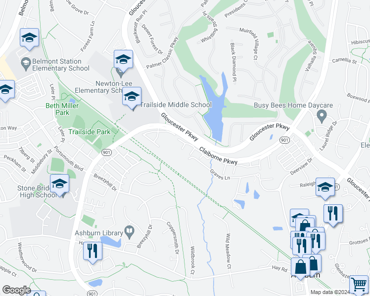 map of restaurants, bars, coffee shops, grocery stores, and more near 20386 Bass Rocks Terrace in Ashburn