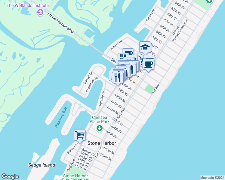 map of restaurants, bars, coffee shops, grocery stores, and more near 9913 3rd Avenue in Stone Harbor