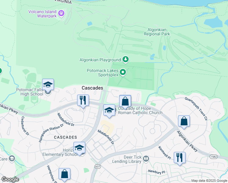 map of restaurants, bars, coffee shops, grocery stores, and more near 20373 Ashcroft Terrace in Sterling