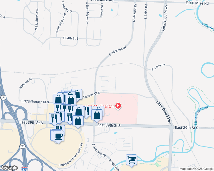 map of restaurants, bars, coffee shops, grocery stores, and more near 19400 East 37th Terrace Court South in Independence