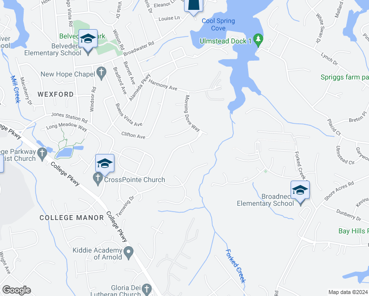 map of restaurants, bars, coffee shops, grocery stores, and more near 343 Ternwing Drive in Arnold