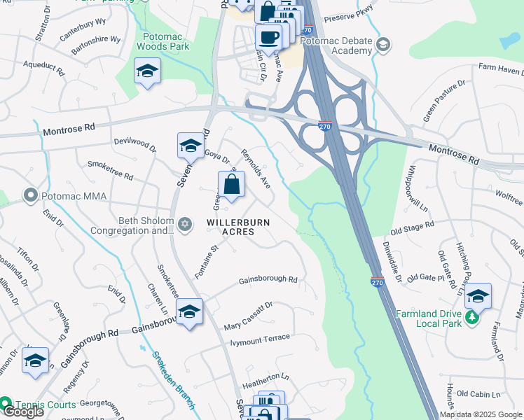 map of restaurants, bars, coffee shops, grocery stores, and more near 11834 Goya Drive in Rockville