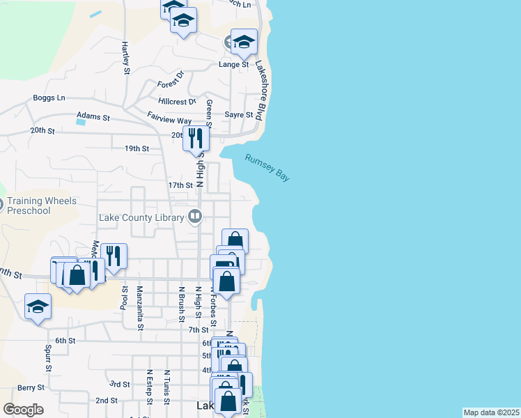map of restaurants, bars, coffee shops, grocery stores, and more near in Lakeport