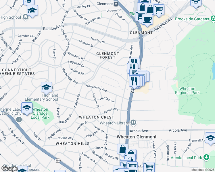 map of restaurants, bars, coffee shops, grocery stores, and more near 2663 Cory Terrace in Silver Spring