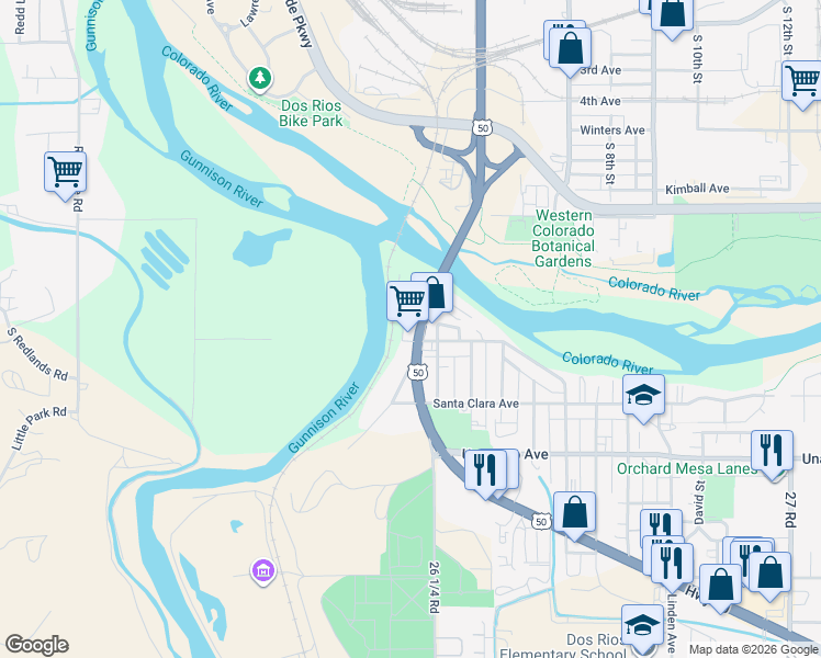 map of restaurants, bars, coffee shops, grocery stores, and more near 1533 High St in Grand Junction