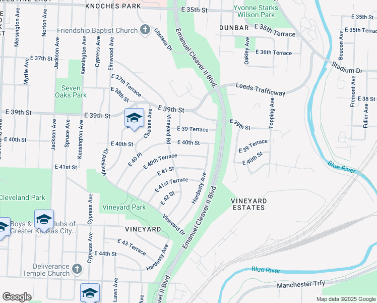 map of restaurants, bars, coffee shops, grocery stores, and more near 5122 East 40th Terrace in Kansas City