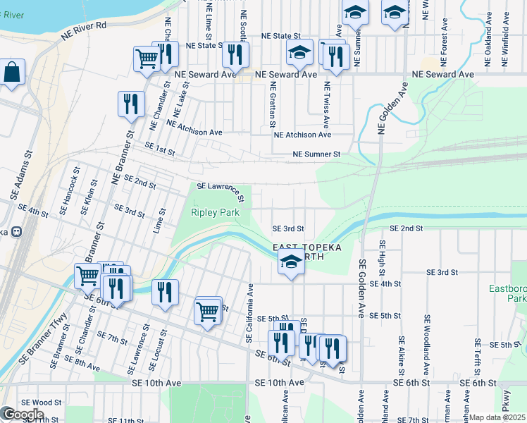 map of restaurants, bars, coffee shops, grocery stores, and more near 2000 Southeast 2nd Street in Topeka