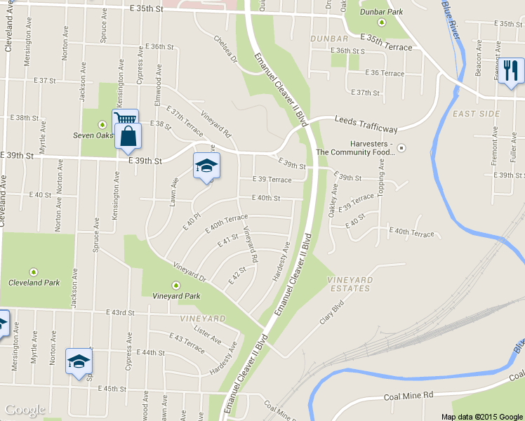 map of restaurants, bars, coffee shops, grocery stores, and more near 5122 E 40th Terrace in Kansas City