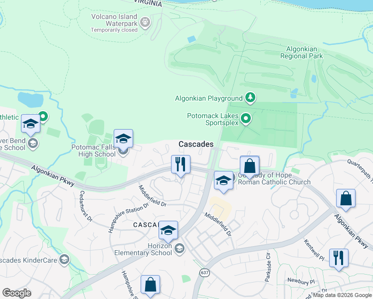 map of restaurants, bars, coffee shops, grocery stores, and more near 20350 Burnley Square in Sterling