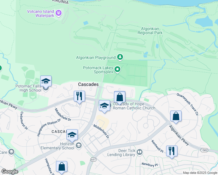 map of restaurants, bars, coffee shops, grocery stores, and more near 20373 Ashcroft Terrace in Sterling