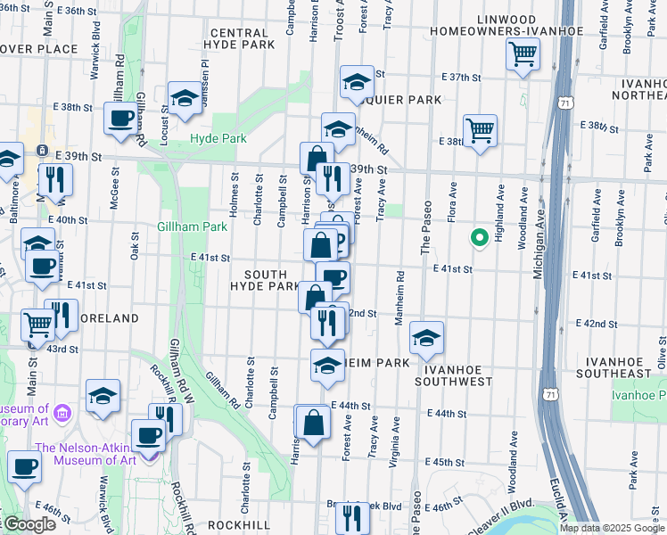 map of restaurants, bars, coffee shops, grocery stores, and more near 4101 Troost Avenue in Kansas City