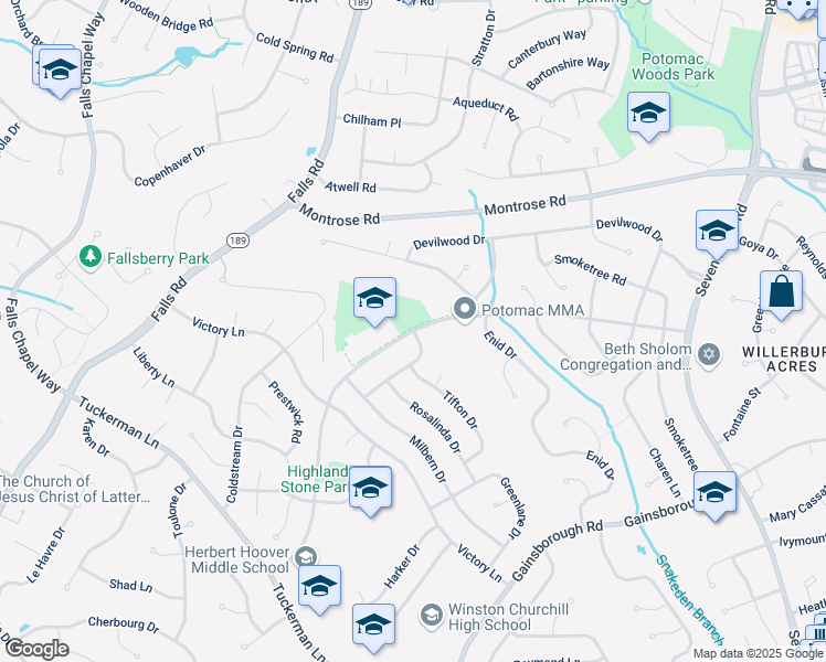 map of restaurants, bars, coffee shops, grocery stores, and more near 8501 Postoak Road in Potomac