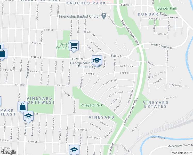 map of restaurants, bars, coffee shops, grocery stores, and more near 4008 Chelsea Avenue in Kansas City