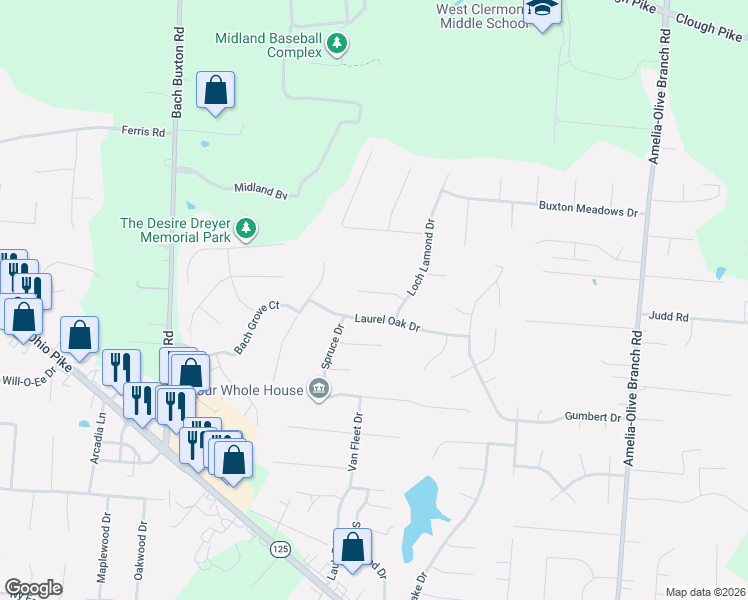 map of restaurants, bars, coffee shops, grocery stores, and more near 1356 Satinwood in Amelia
