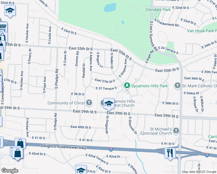 map of restaurants, bars, coffee shops, grocery stores, and more near 15410 East 37 Terrace South in Independence