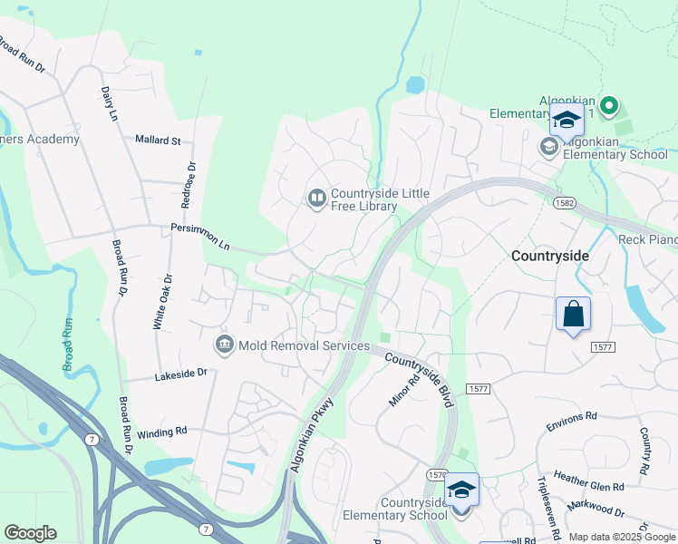 map of restaurants, bars, coffee shops, grocery stores, and more near 2 Ferguson Court in Sterling