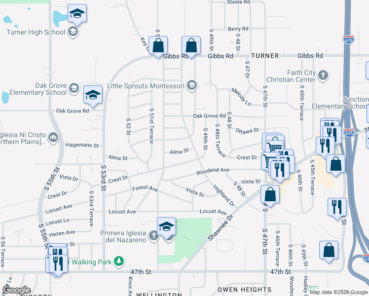 map of restaurants, bars, coffee shops, grocery stores, and more near 4914 Alma Street in Kansas City