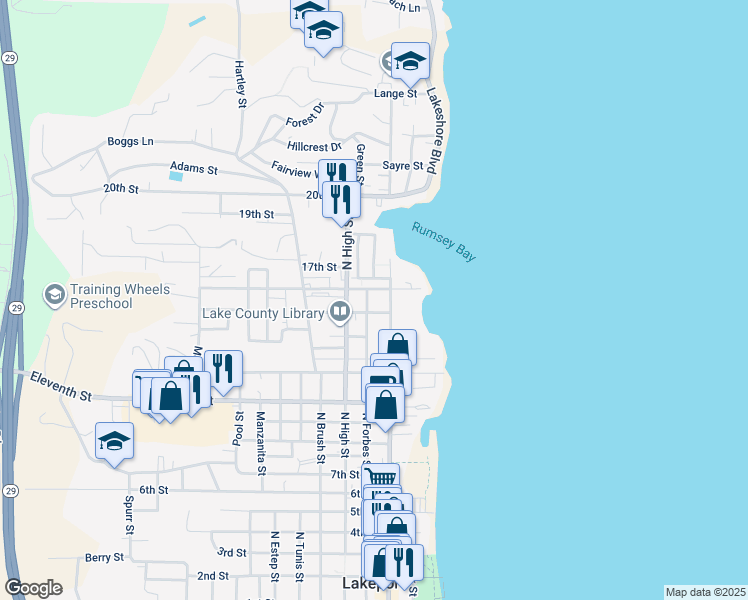 map of restaurants, bars, coffee shops, grocery stores, and more near 1570 North Forbes Street in Lakeport