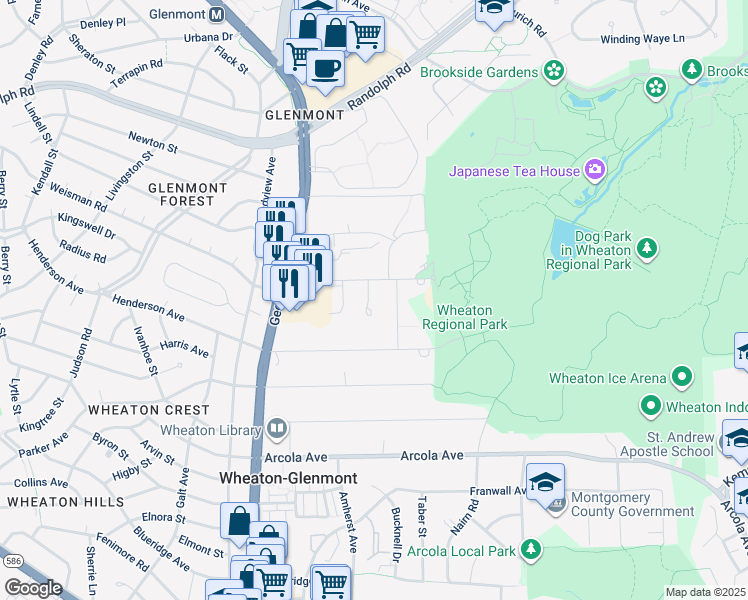 map of restaurants, bars, coffee shops, grocery stores, and more near 12025 Saw Mill Court in Silver Spring