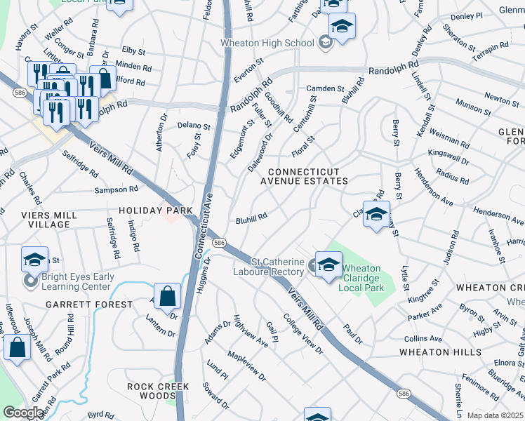 map of restaurants, bars, coffee shops, grocery stores, and more near 11926 Bluhill Road in Silver Spring