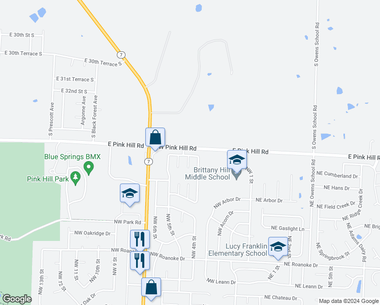 map of restaurants, bars, coffee shops, grocery stores, and more near 309 Northwest Sherwood Drive in Blue Springs