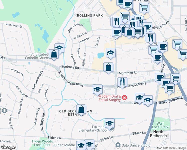 map of restaurants, bars, coffee shops, grocery stores, and more near 6410 Needle Leaf Drive in Rockville