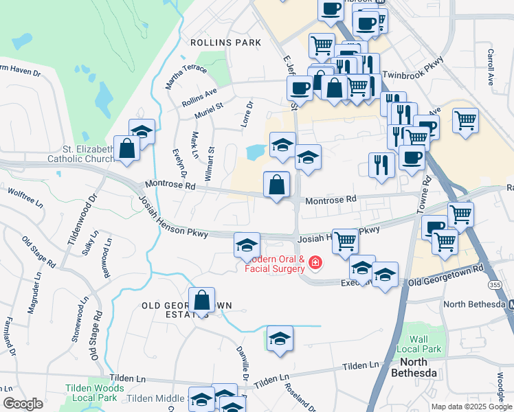 map of restaurants, bars, coffee shops, grocery stores, and more near 12013 Montrose Park Place in Rockville