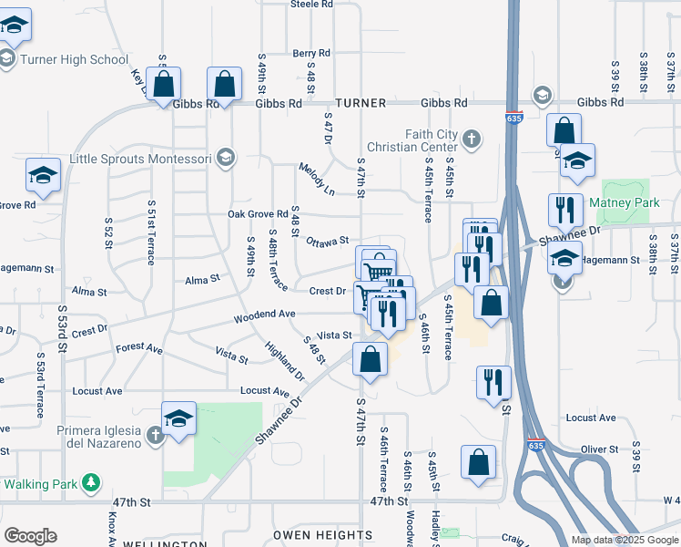 map of restaurants, bars, coffee shops, grocery stores, and more near 4717 Hagemann Street in Kansas City