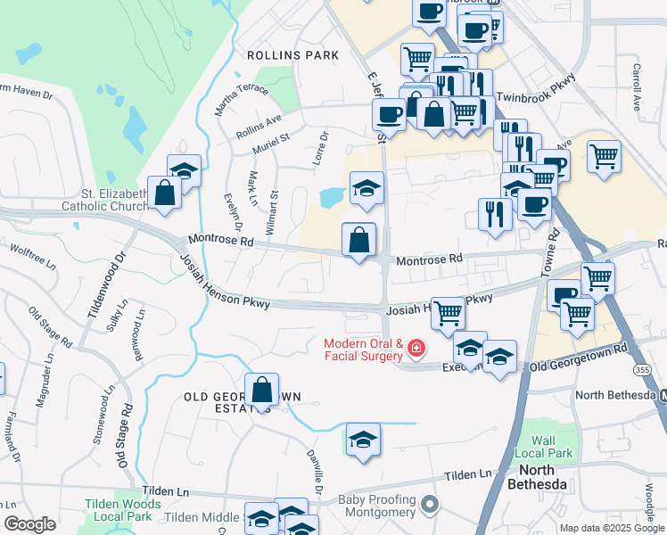 map of restaurants, bars, coffee shops, grocery stores, and more near 12013 Montrose Park Place in Rockville