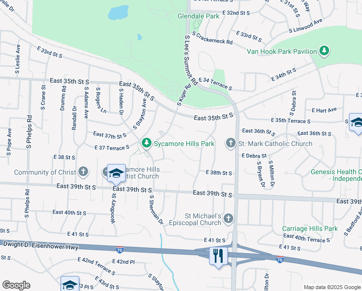 map of restaurants, bars, coffee shops, grocery stores, and more near 16004 East 37 Terrace South in Independence