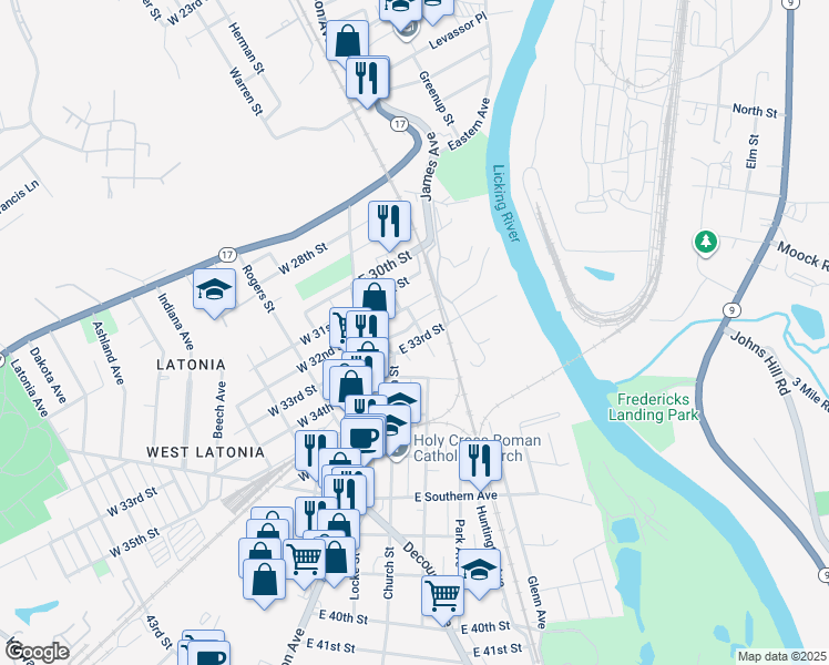 map of restaurants, bars, coffee shops, grocery stores, and more near 126 E 33rd St in Covington