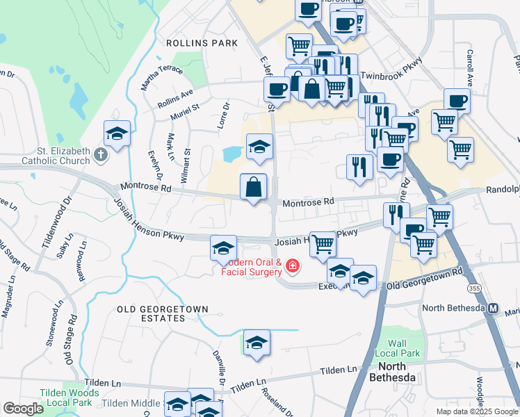 map of restaurants, bars, coffee shops, grocery stores, and more near 6212 Montrose Road in North Bethesda