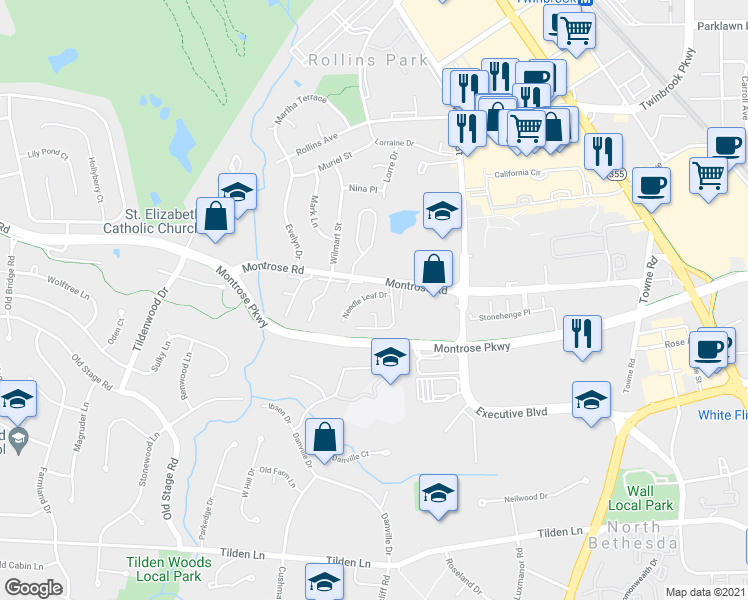 map of restaurants, bars, coffee shops, grocery stores, and more near 6410 Needle Leaf Drive in Rockville