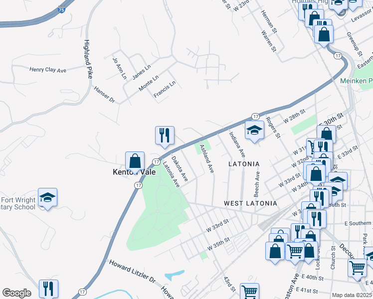 map of restaurants, bars, coffee shops, grocery stores, and more near 2985 Madison Avenue in Covington