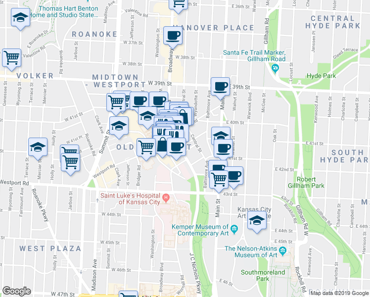 map of restaurants, bars, coffee shops, grocery stores, and more near 4116 Broadway Boulevard in Kansas City