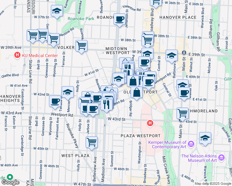 map of restaurants, bars, coffee shops, grocery stores, and more near 4151 Clark Avenue in Kansas City
