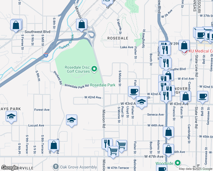 map of restaurants, bars, coffee shops, grocery stores, and more near 4100 Mission Road in Kansas City
