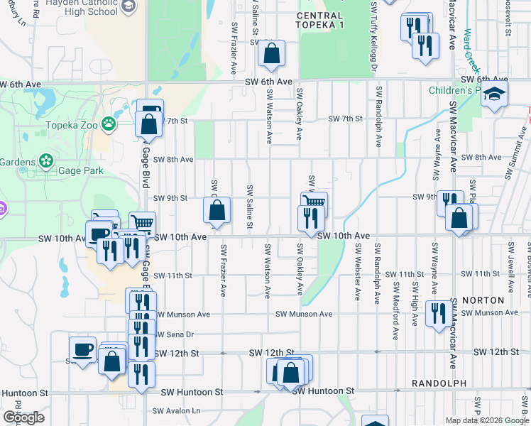map of restaurants, bars, coffee shops, grocery stores, and more near 914 Southwest Saline Street in Topeka