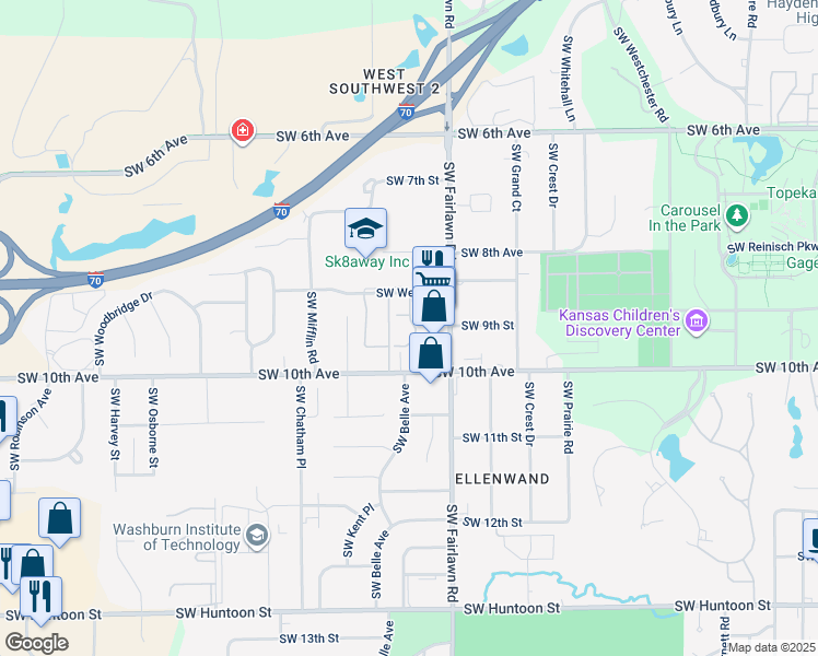 map of restaurants, bars, coffee shops, grocery stores, and more near 5231 Southwest West Drive in Topeka