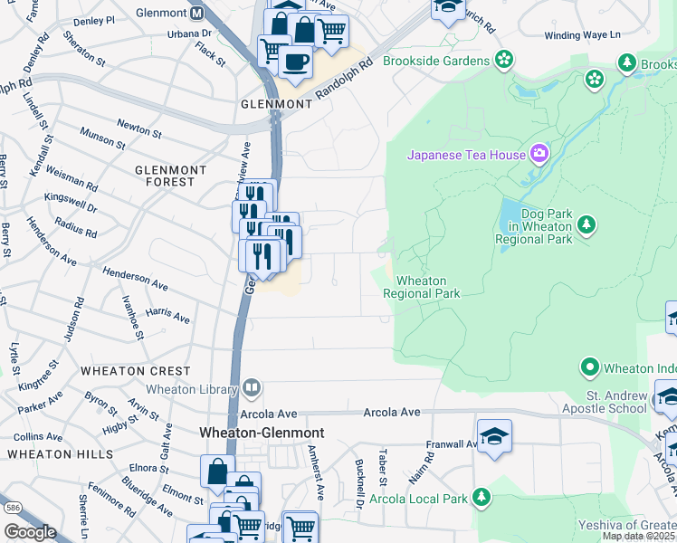 map of restaurants, bars, coffee shops, grocery stores, and more near 12025 Saw Mill Court in Silver Spring