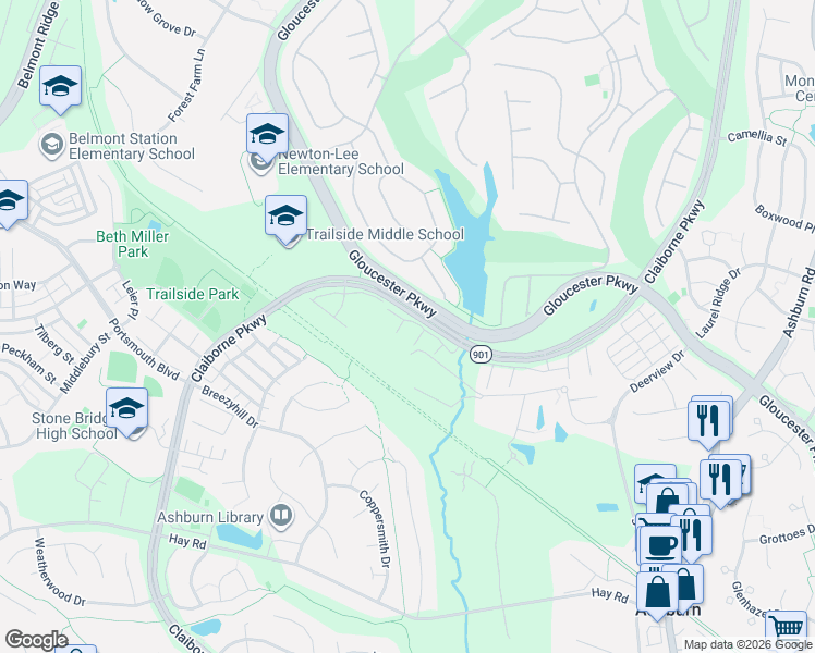 map of restaurants, bars, coffee shops, grocery stores, and more near 20380 Bass Rocks Terrace in Ashburn